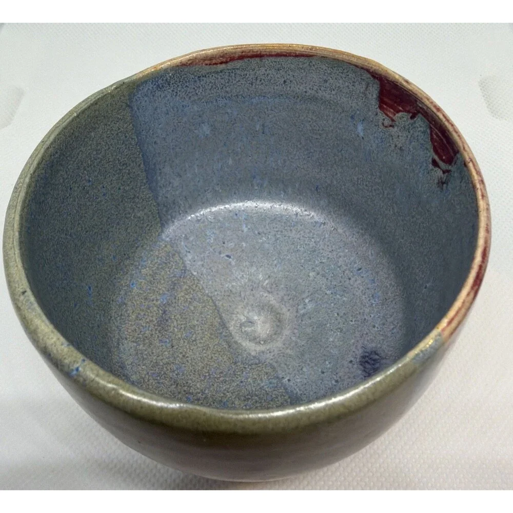 Handmade Studio Pottery Matcha Tea Bowl Chawan Signed Tri-Color Drip Glaze